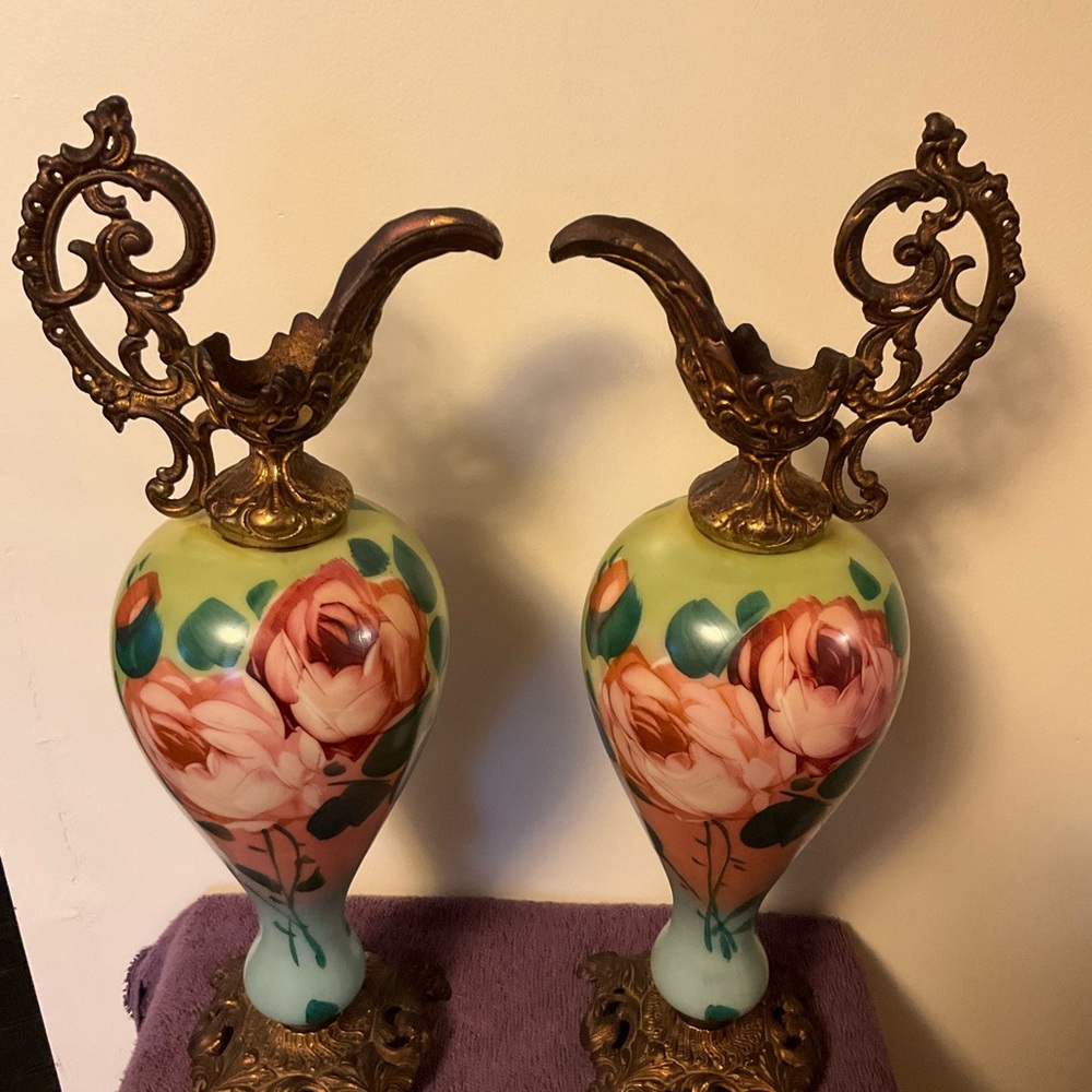 2 Rare Antique Victorian Porcelain and brass Mantle Ewers 1800-1849